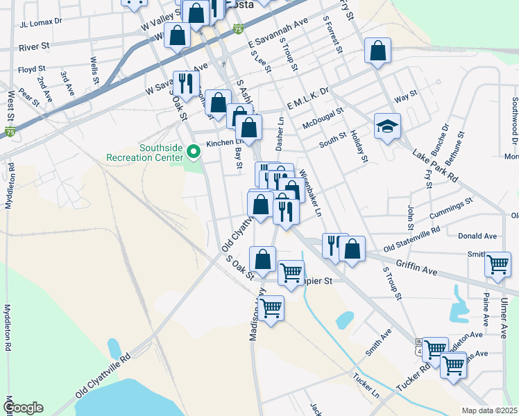 map of restaurants, bars, coffee shops, grocery stores, and more near 703 Old Clyattville Rd in Valdosta