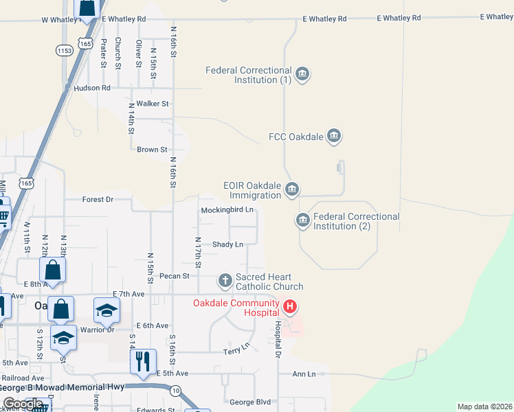 map of restaurants, bars, coffee shops, grocery stores, and more near 1220 Mockingbird Lane in Oakdale