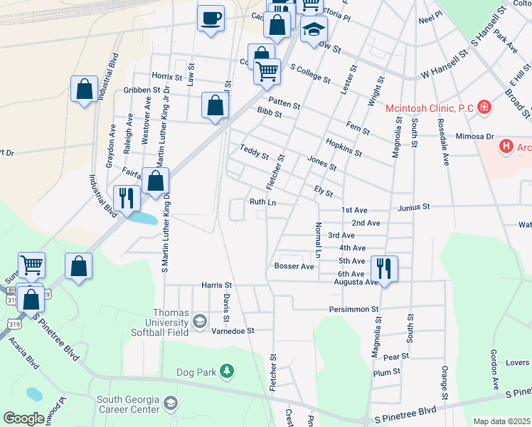 map of restaurants, bars, coffee shops, grocery stores, and more near 1306 Fletcher Street in Thomasville