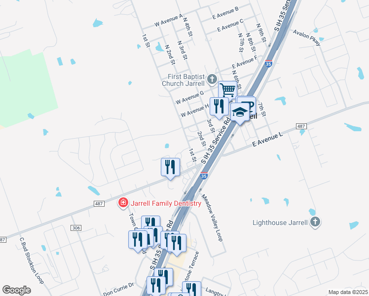 map of restaurants, bars, coffee shops, grocery stores, and more near 203 1st Street in Jarrell