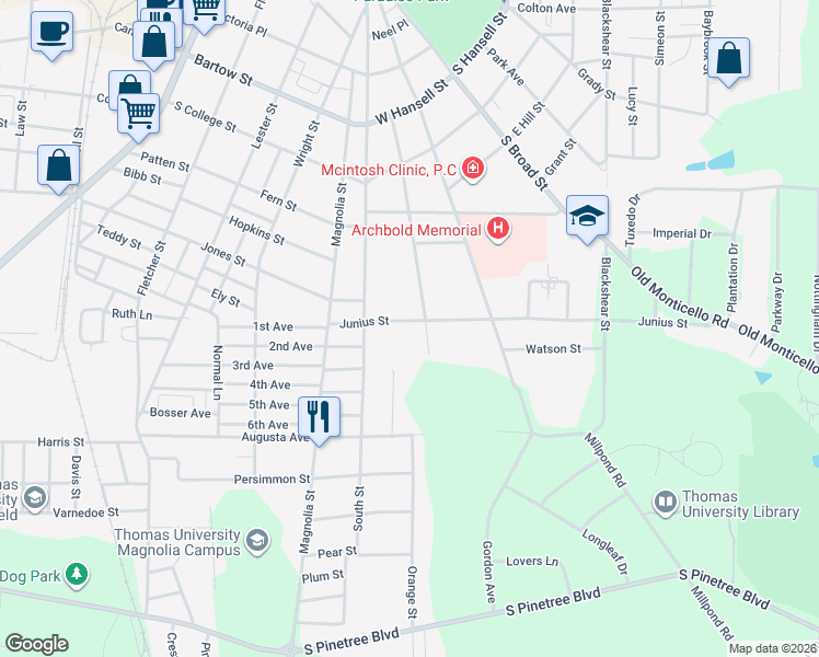 map of restaurants, bars, coffee shops, grocery stores, and more near 505 Junius Street in Thomasville