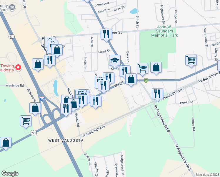 map of restaurants, bars, coffee shops, grocery stores, and more near 1701 West Hill Avenue in Valdosta