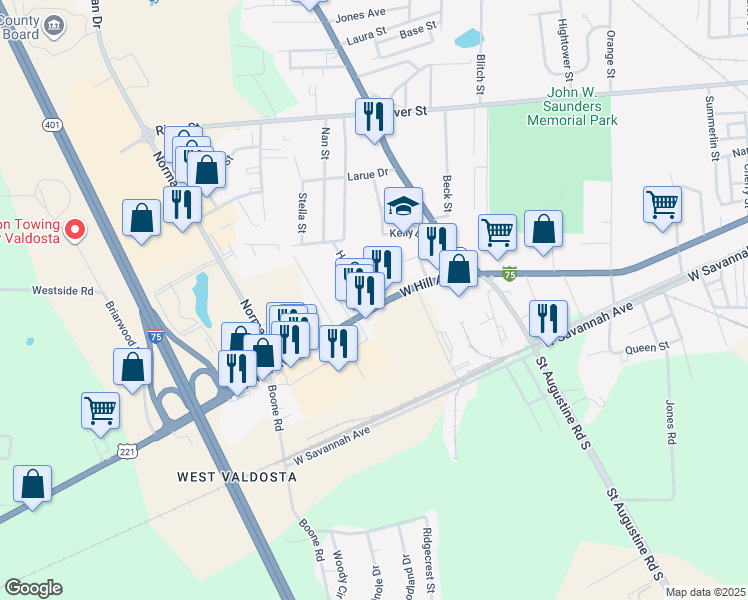 map of restaurants, bars, coffee shops, grocery stores, and more near 1701 West Hill Avenue in Valdosta