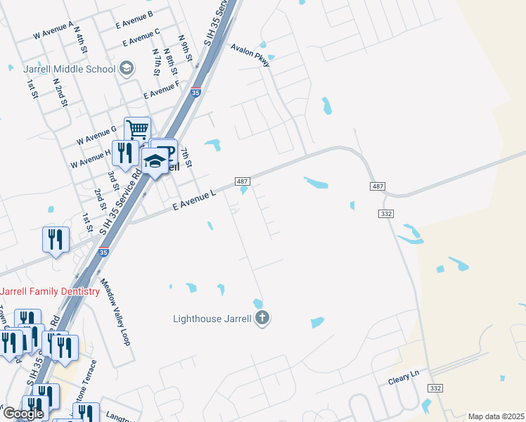 map of restaurants, bars, coffee shops, grocery stores, and more near 111 Park Meadow Drive in Jarrell