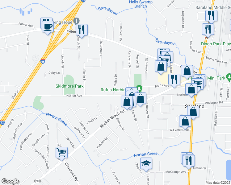 map of restaurants, bars, coffee shops, grocery stores, and more near 2 Delisa Drive in Saraland