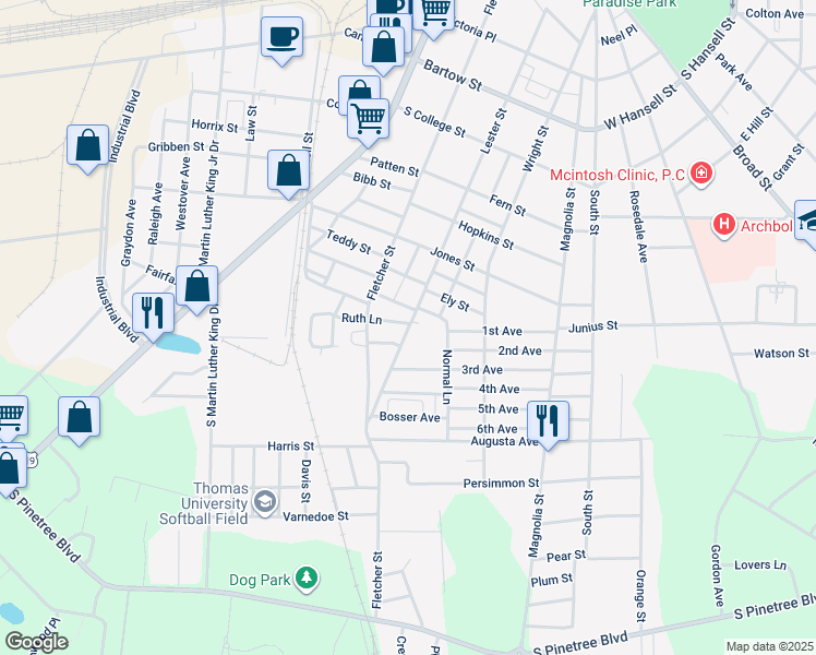 map of restaurants, bars, coffee shops, grocery stores, and more near 915 Lester Street in Thomasville