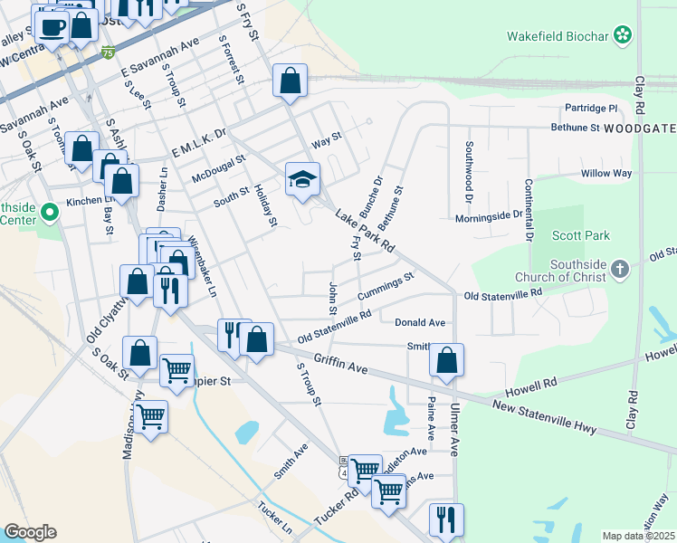 map of restaurants, bars, coffee shops, grocery stores, and more near 721 John Street in Valdosta