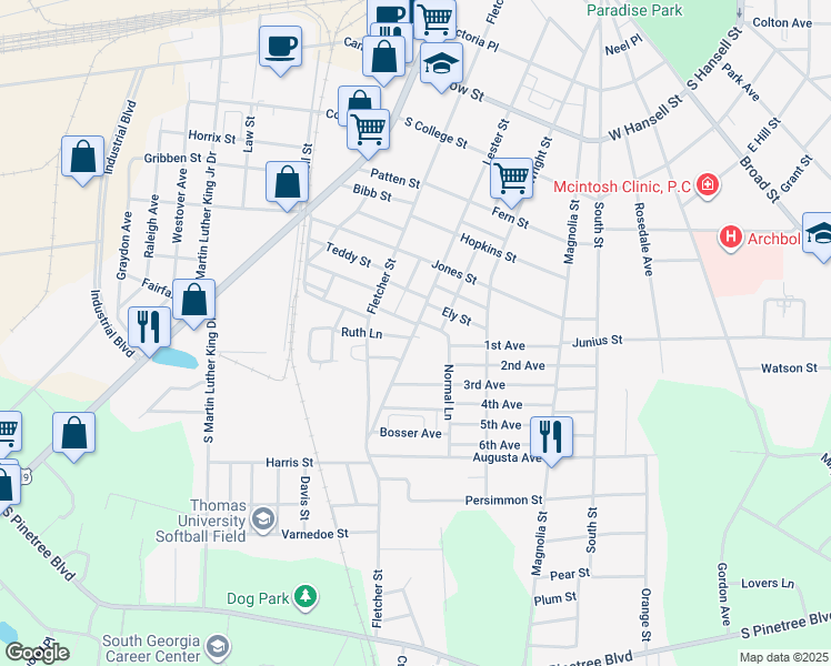 map of restaurants, bars, coffee shops, grocery stores, and more near 915 Lester Street in Thomasville