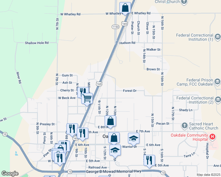 map of restaurants, bars, coffee shops, grocery stores, and more near in Oakdale