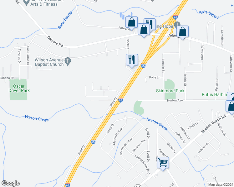 map of restaurants, bars, coffee shops, grocery stores, and more near 951 Weatherby Street South in Saraland