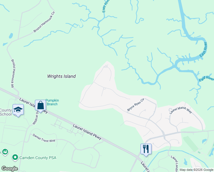 map of restaurants, bars, coffee shops, grocery stores, and more near 203 Riley Hunter Drive in Kingsland