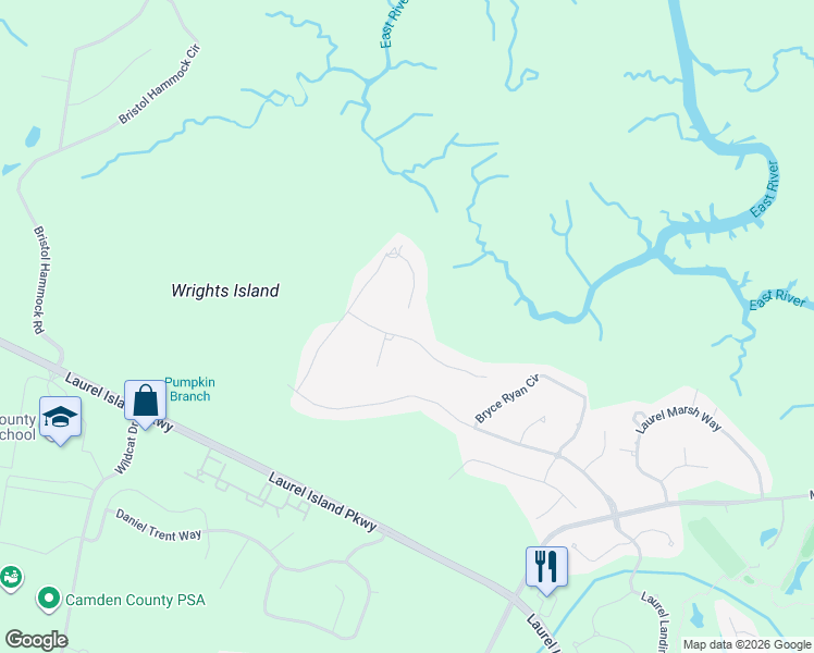 map of restaurants, bars, coffee shops, grocery stores, and more near 203 Riley Hunter Drive in Kingsland