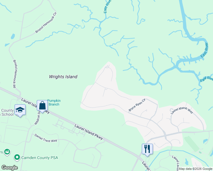 map of restaurants, bars, coffee shops, grocery stores, and more near 203 Riley Hunter Drive in Kingsland