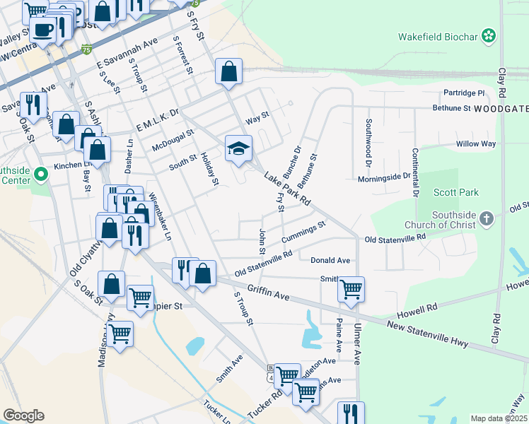 map of restaurants, bars, coffee shops, grocery stores, and more near 721 John Street in Valdosta