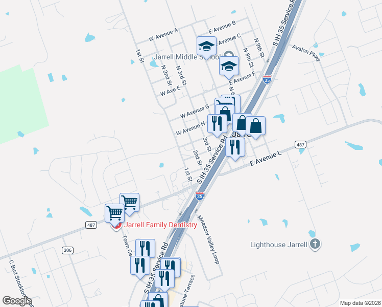 map of restaurants, bars, coffee shops, grocery stores, and more near 308 1st Street in Jarrell