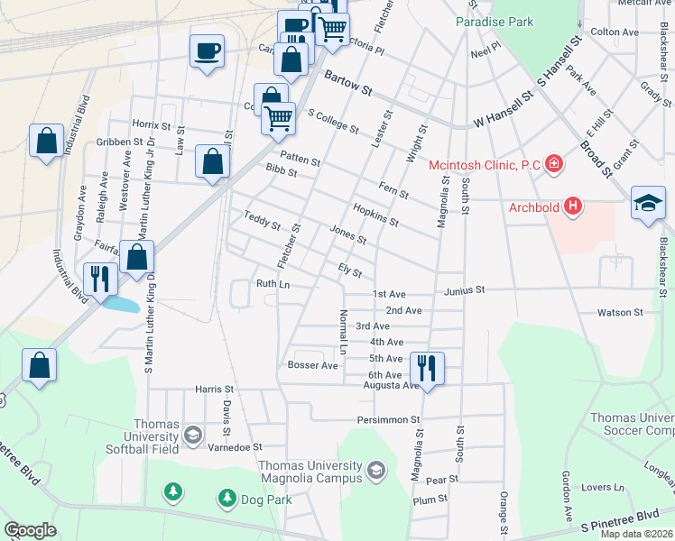 map of restaurants, bars, coffee shops, grocery stores, and more near 110 Ely Street in Thomasville
