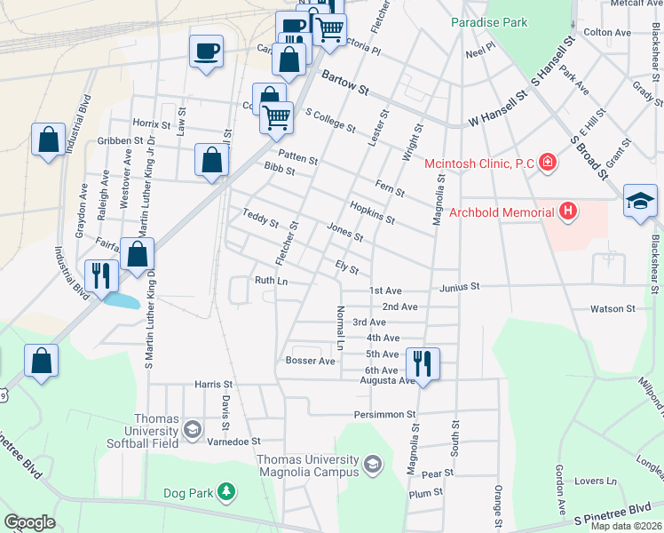 map of restaurants, bars, coffee shops, grocery stores, and more near 109 Ely Street in Thomasville