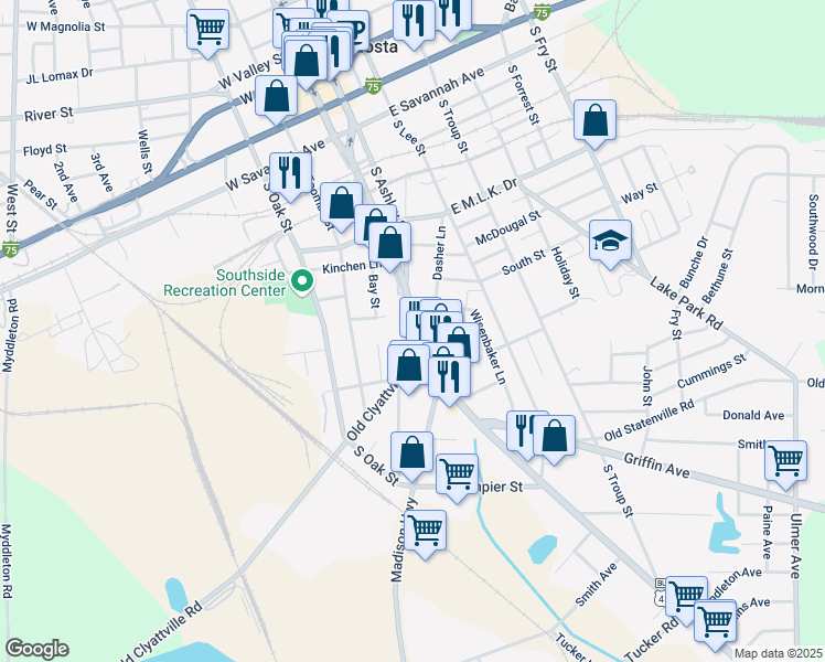 map of restaurants, bars, coffee shops, grocery stores, and more near 618 South Patterson Street in Valdosta