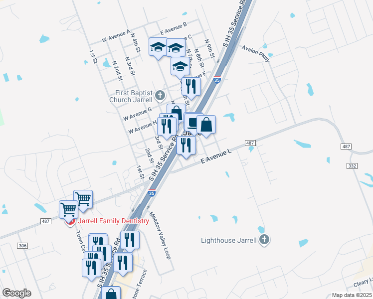 map of restaurants, bars, coffee shops, grocery stores, and more near 12800 North Interstate 35 Frontage Road in Jarrell