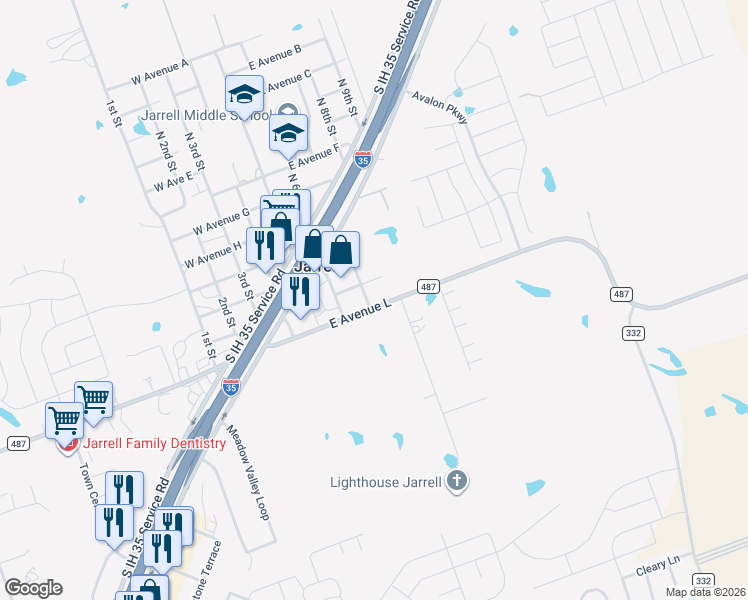 map of restaurants, bars, coffee shops, grocery stores, and more near 303 East Avenue L in Jarrell