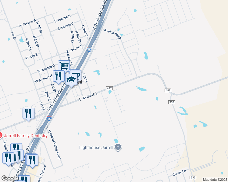 map of restaurants, bars, coffee shops, grocery stores, and more near 684 Farm to Market Road 487 in Jarrell