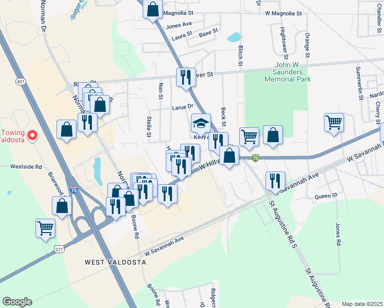 map of restaurants, bars, coffee shops, grocery stores, and more near 1599 Maude St in Valdosta