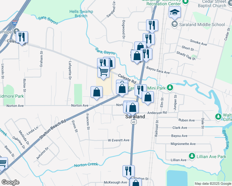 map of restaurants, bars, coffee shops, grocery stores, and more near 34 Shelton Beach Road in Saraland