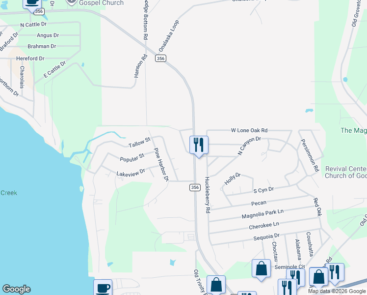 map of restaurants, bars, coffee shops, grocery stores, and more near 173 Yaupon Harbor in Onalaska
