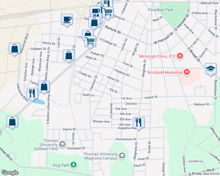 map of restaurants, bars, coffee shops, grocery stores, and more near 109 Ely Street in Thomasville