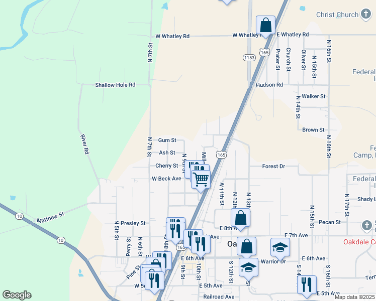 map of restaurants, bars, coffee shops, grocery stores, and more near 411-713 Fisher Street in Oakdale