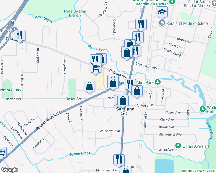 map of restaurants, bars, coffee shops, grocery stores, and more near 34 Shelton Beach Road in Saraland
