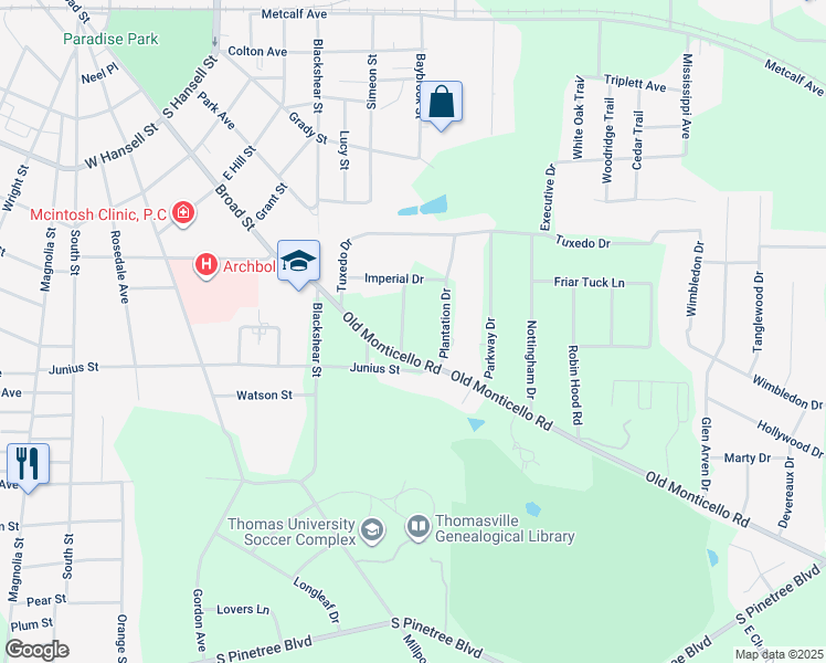 map of restaurants, bars, coffee shops, grocery stores, and more near 114 Winslow Drive in Thomasville