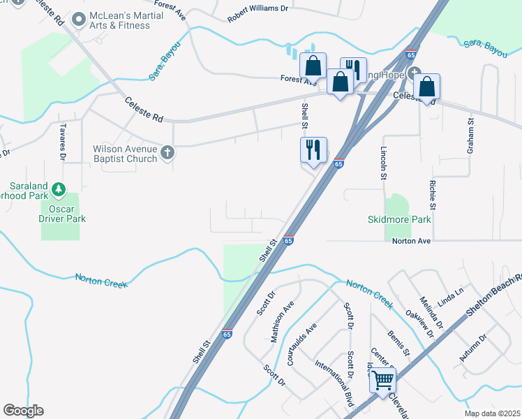 map of restaurants, bars, coffee shops, grocery stores, and more near 299 Mizell Circle in Saraland