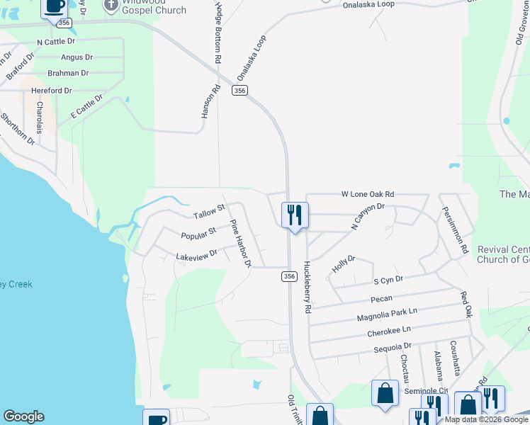 map of restaurants, bars, coffee shops, grocery stores, and more near 173 Yaupon Harbor in Onalaska