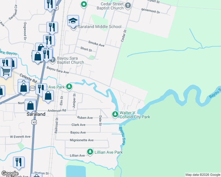 map of restaurants, bars, coffee shops, grocery stores, and more near 403 Bayou Sara Avenue in Saraland