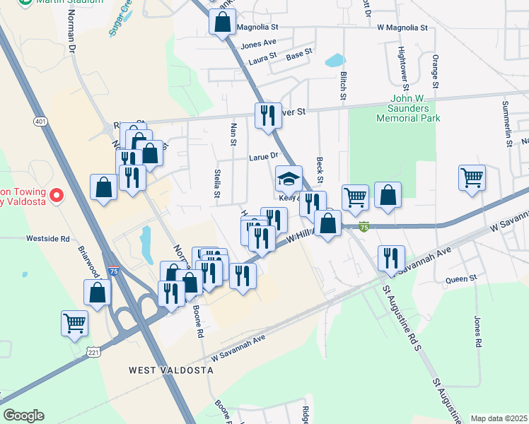 map of restaurants, bars, coffee shops, grocery stores, and more near 1599 Maude St in Valdosta