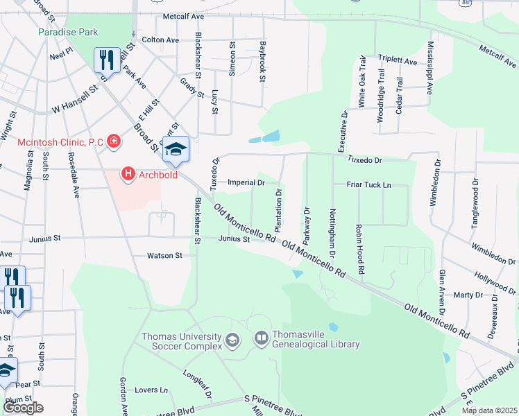 map of restaurants, bars, coffee shops, grocery stores, and more near 114 Winslow Drive in Thomasville