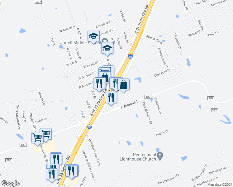 map of restaurants, bars, coffee shops, grocery stores, and more near 12820 North Interstate Highway 35 in Jarrell
