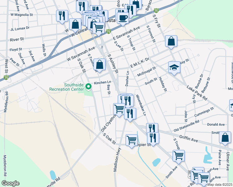 map of restaurants, bars, coffee shops, grocery stores, and more near 618 S Patterson St in Valdosta