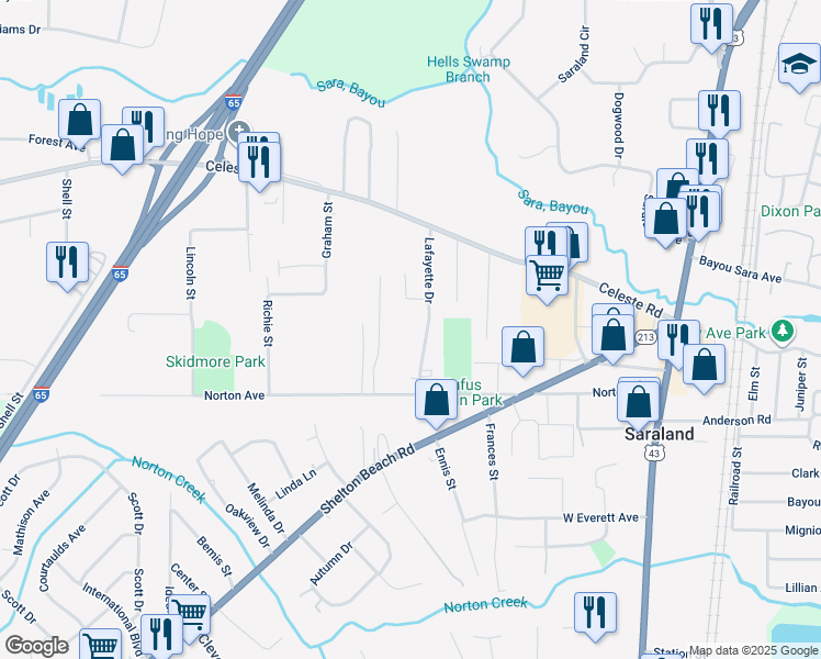 map of restaurants, bars, coffee shops, grocery stores, and more near in Saraland