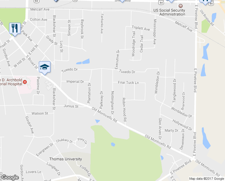 map of restaurants, bars, coffee shops, grocery stores, and more near Nottingham Drive in Thomasville