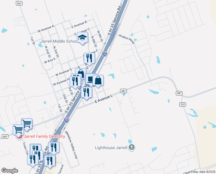 map of restaurants, bars, coffee shops, grocery stores, and more near 311 East Avenue K in Jarrell