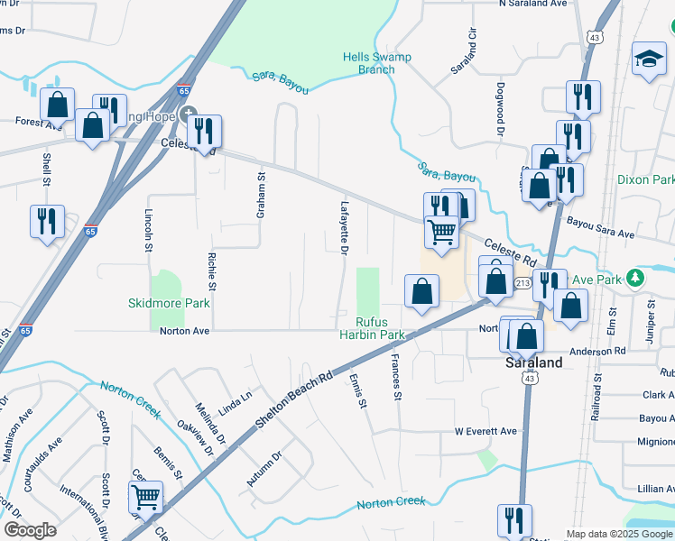 map of restaurants, bars, coffee shops, grocery stores, and more near in Saraland