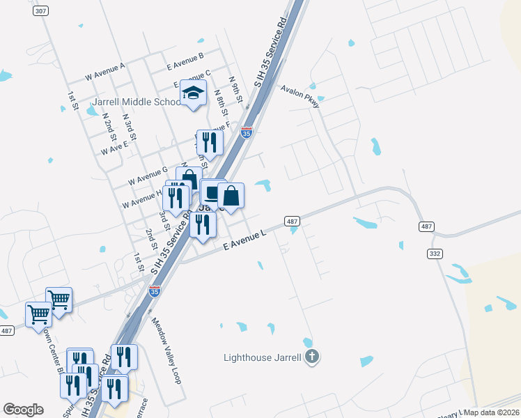 map of restaurants, bars, coffee shops, grocery stores, and more near 311 East Avenue K in Jarrell