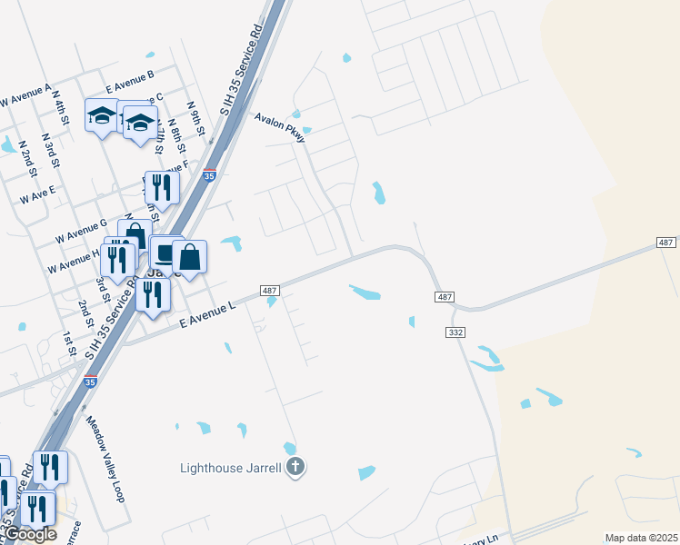 map of restaurants, bars, coffee shops, grocery stores, and more near 684 Farm to Market Road 487 in Jarrell