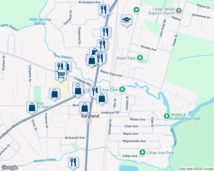 map of restaurants, bars, coffee shops, grocery stores, and more near 22 Ferry Avenue in Saraland