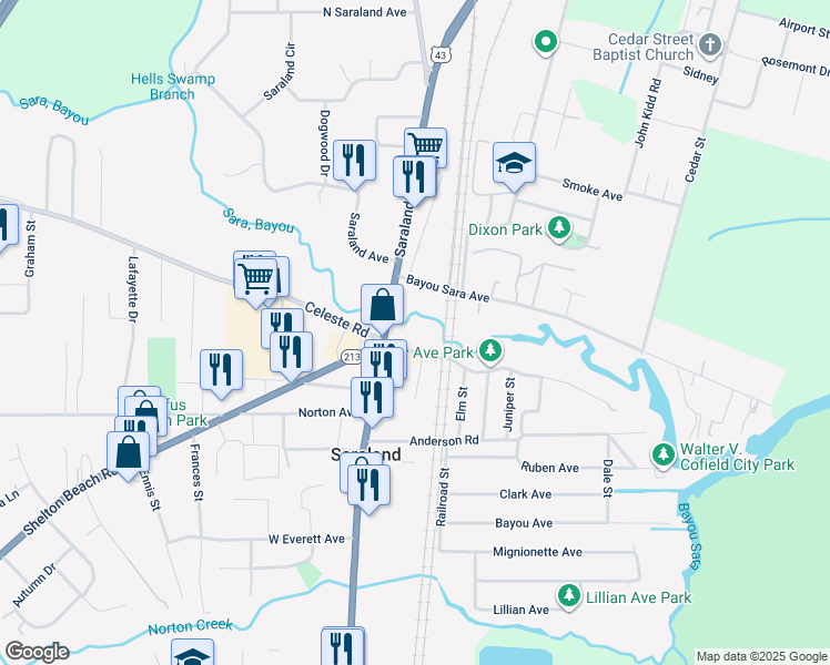 map of restaurants, bars, coffee shops, grocery stores, and more near 22 Ferry Avenue in Saraland