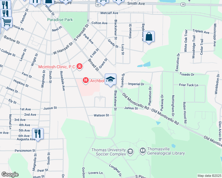 map of restaurants, bars, coffee shops, grocery stores, and more near 1006 South Broad Street in Thomasville