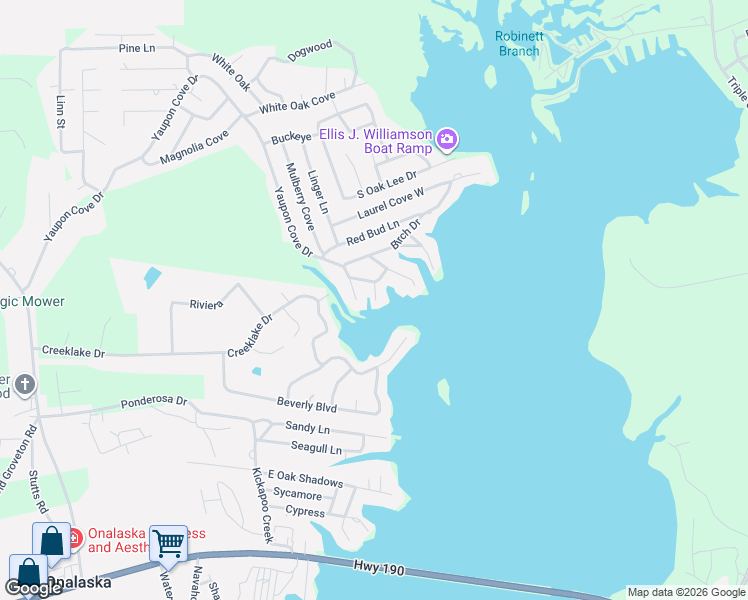 map of restaurants, bars, coffee shops, grocery stores, and more near 1571 Yaupon Cove Drive in Onalaska