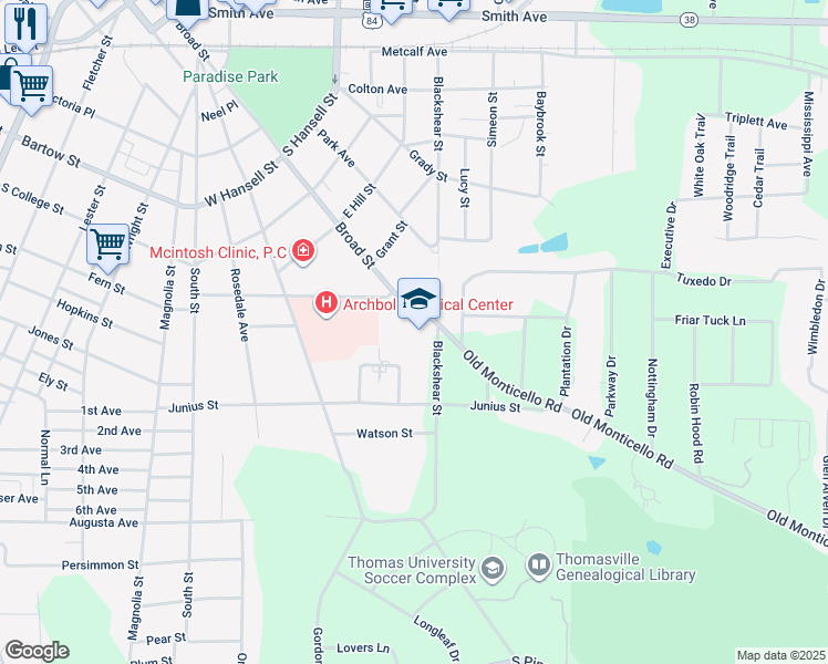 map of restaurants, bars, coffee shops, grocery stores, and more near 1006 South Broad Street in Thomasville